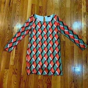 Pink and green geometric print shift dress size small